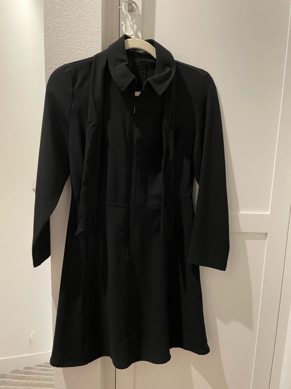 Mango Black Tie-Neck Long Sleeve A-Line Dress